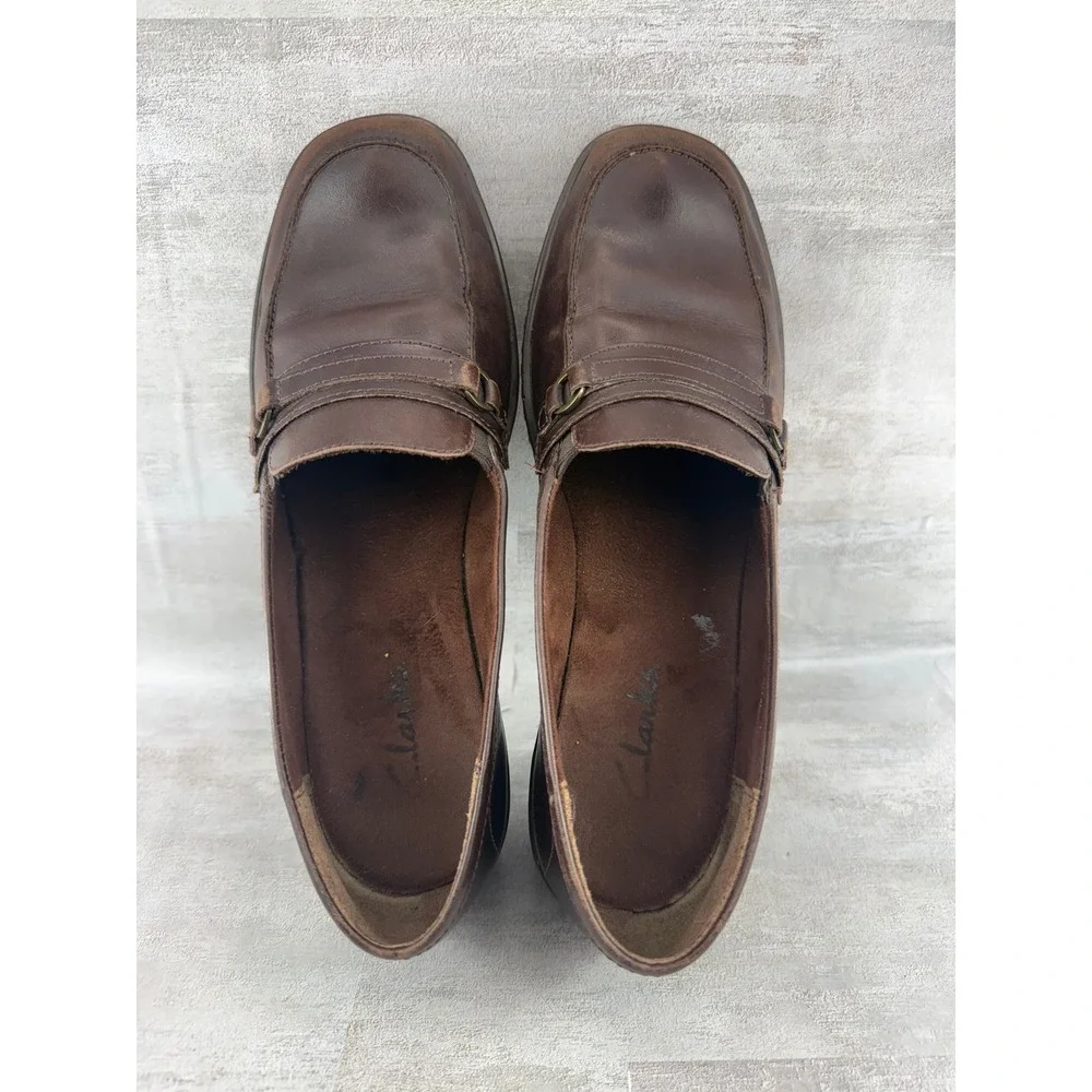 Clarks Women Brown Leather Block Heel Loafers Square Moc Toe 79474 Size 9.5M